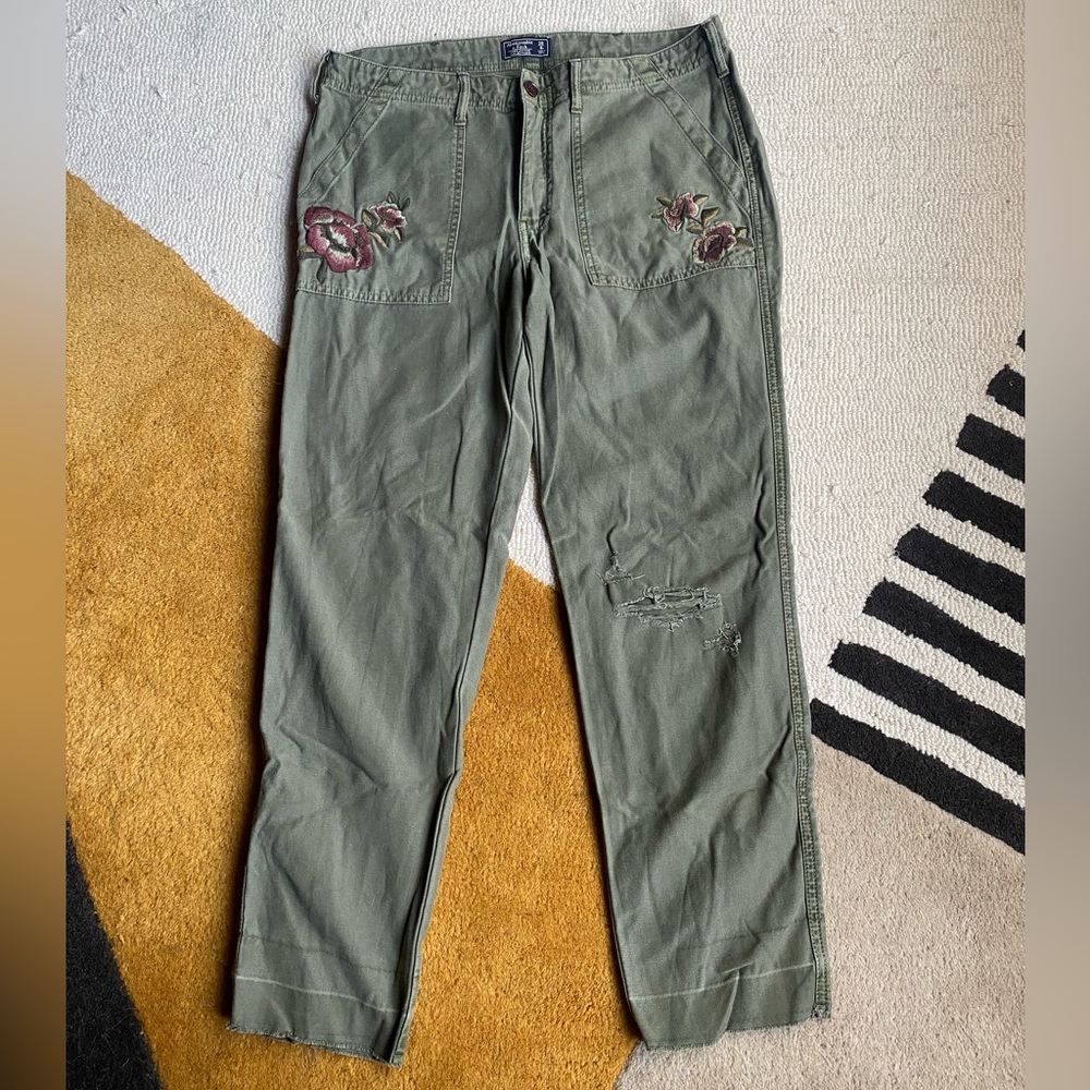 Abercrombie & Fitch Olive Jeans w/ Floral Patches